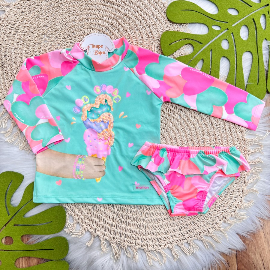 Linha Praia - Blusa Manga Longa com Proteção UV50+ e Calcinha - Ice Cream - Verde e Rosa